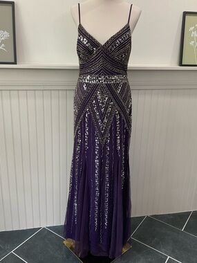 Marina Beaded Formal Gown Dark Purple Size 12 NWT Deep V-Back Evening Dress